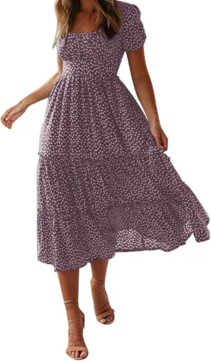 Womens Summer Dress Flare Sleeve Floral Print Casual Flowy Midi Waist-Closing Classic Formal Skirts Dance Maxi Skirt