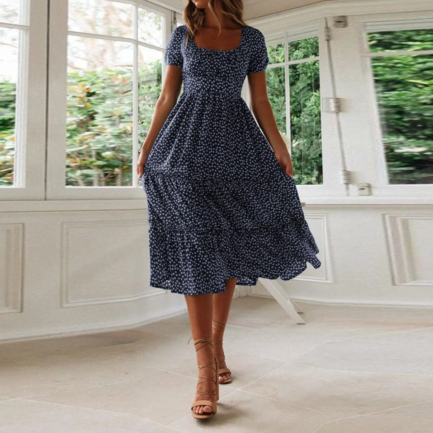 Womens Summer Dress Flare Sleeve Floral Print Casual Flowy Midi Waist-Closing Classic Formal Skirts Dance Maxi Skirt