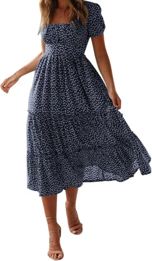 Womens Summer Dress Flare Sleeve Floral Print Casual Flowy Midi Waist-Closing Classic Formal Skirts Dance Maxi Skirt