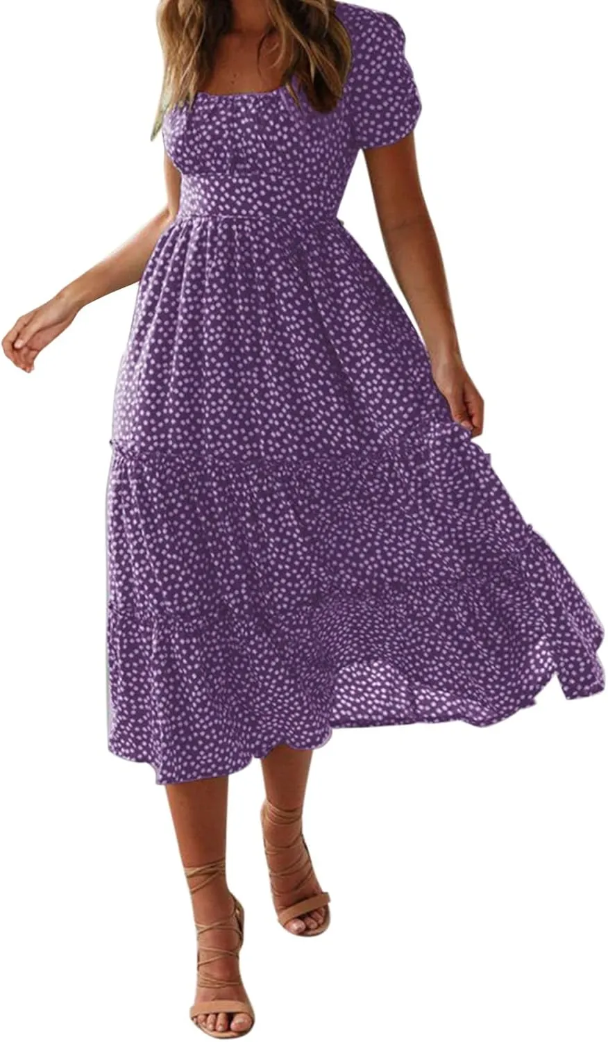 Womens Summer Dress Flare Sleeve Floral Print Casual Flowy Midi Waist-Closing Classic Formal Skirts Dance Maxi Skirt