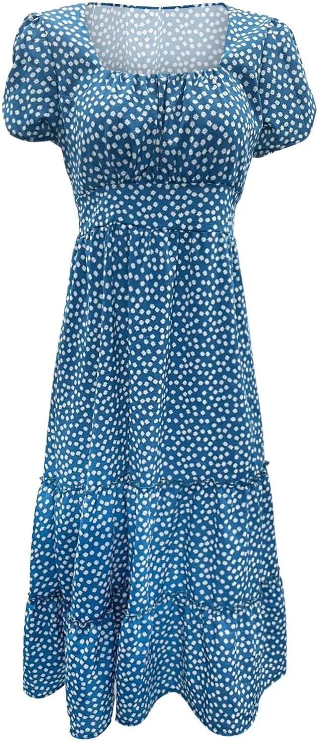 Womens Summer Dress Flare Sleeve Floral Print Casual Flowy Midi Waist-Closing Classic Formal Skirts Dance Maxi Skirt