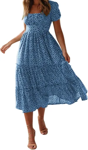 Womens Summer Dress Flare Sleeve Floral Print Casual Flowy Midi Waist-Closing Classic Formal Skirts Dance Maxi Skirt
