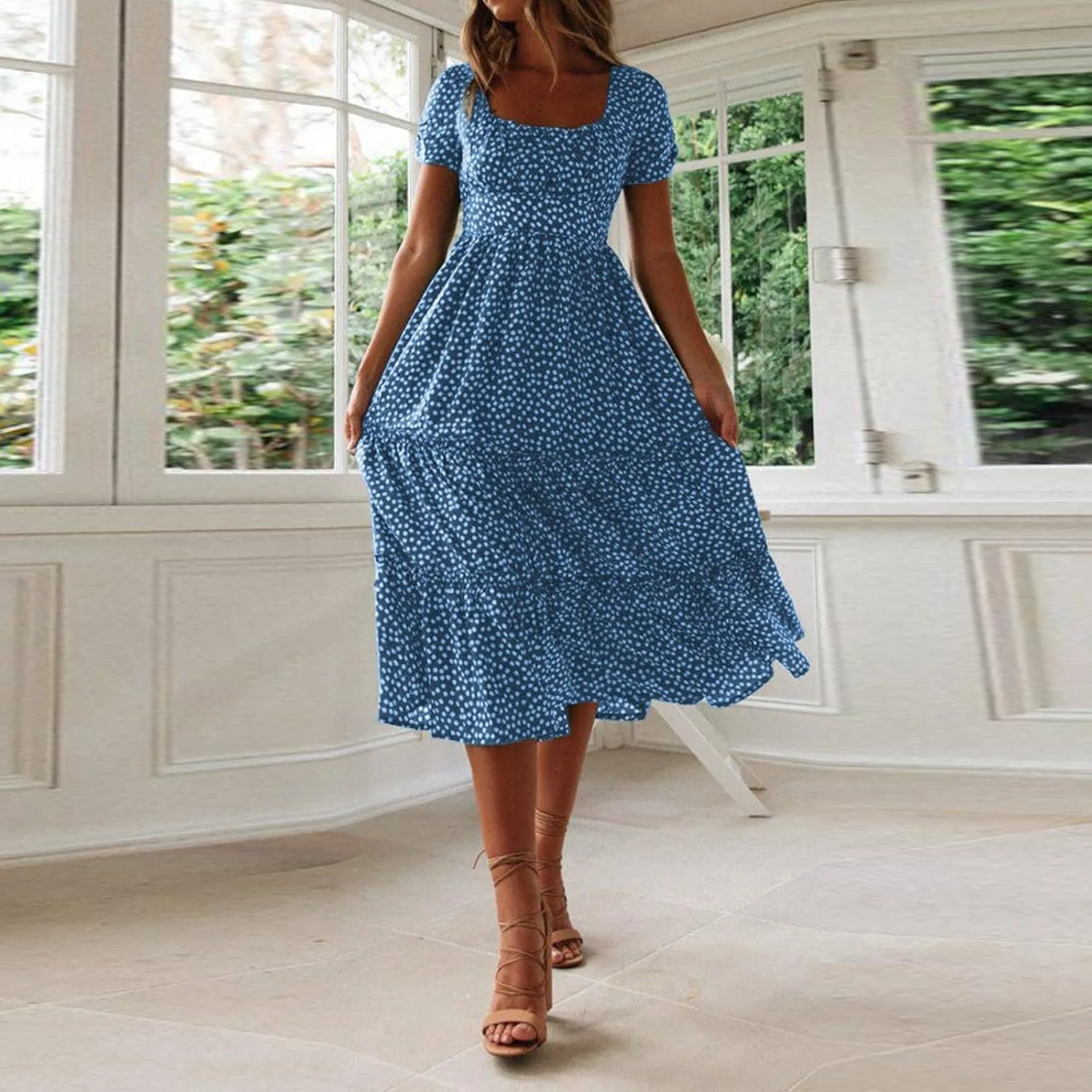 Womens Summer Dress Flare Sleeve Floral Print Casual Flowy Midi Waist-Closing Classic Formal Skirts Dance Maxi Skirt