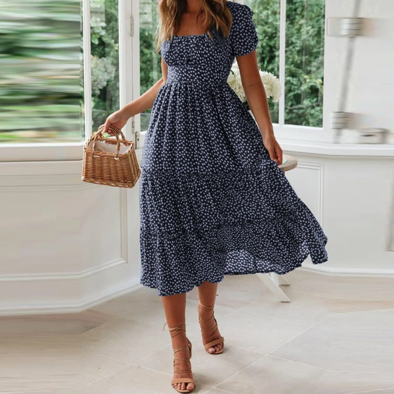 Womens Summer Dress Flare Sleeve Floral Print Casual Flowy Midi Waist-Closing Classic Formal Skirts Dance Maxi Skirt