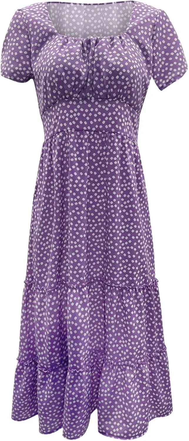 Womens Summer Dress Flare Sleeve Floral Print Casual Flowy Midi Waist-Closing Classic Formal Skirts Dance Maxi Skirt