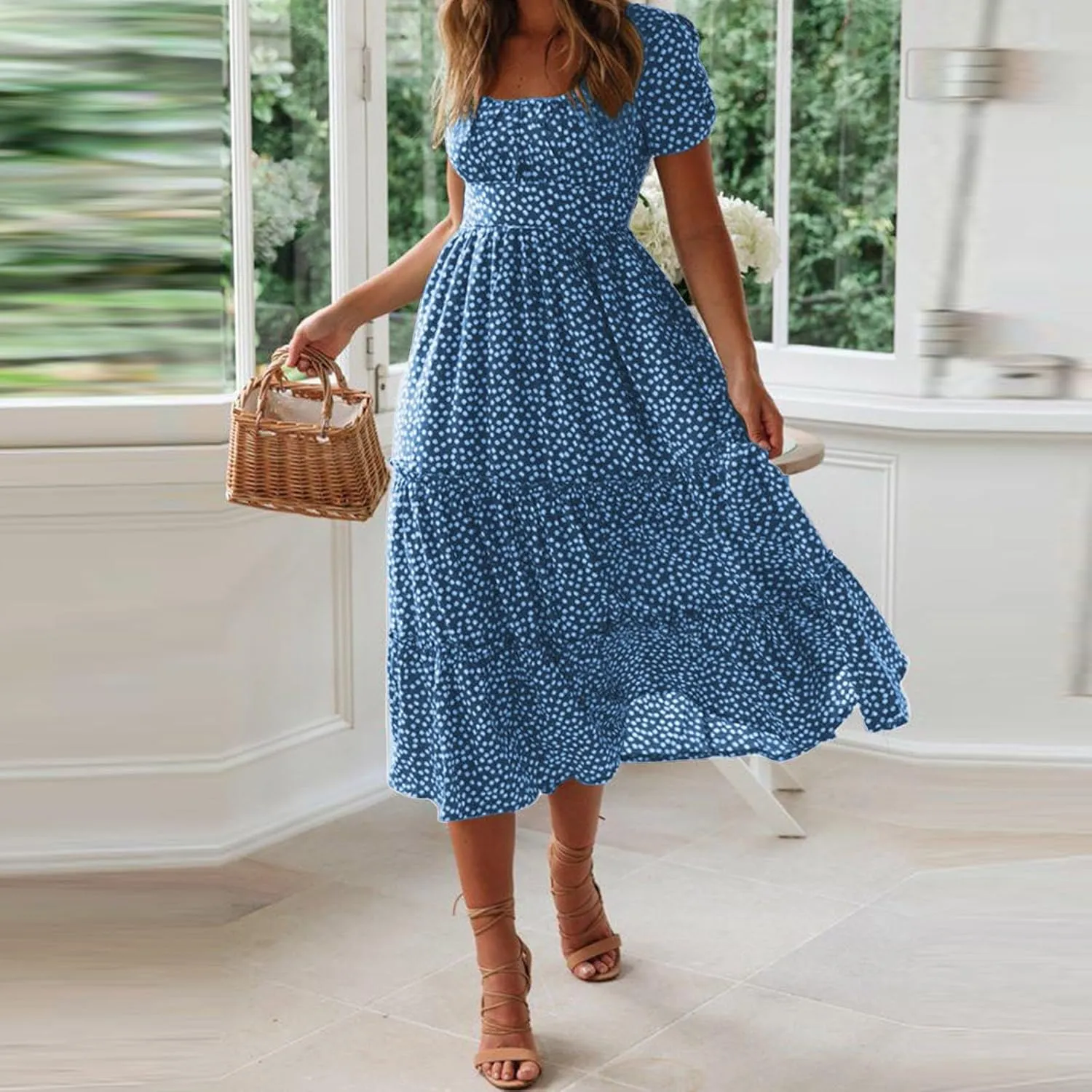 Womens Summer Dress Flare Sleeve Floral Print Casual Flowy Midi Waist-Closing Classic Formal Skirts Dance Maxi Skirt