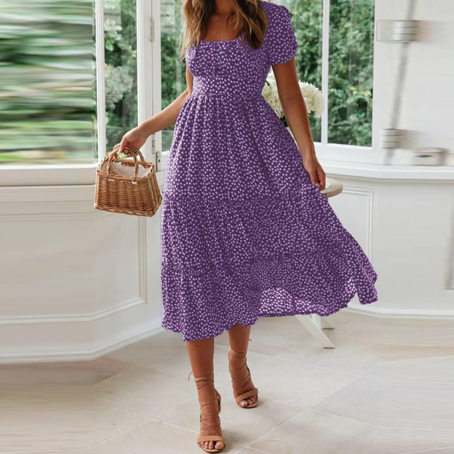 Womens Summer Dress Flare Sleeve Floral Print Casual Flowy Midi Waist-Closing Classic Formal Skirts Dance Maxi Skirt