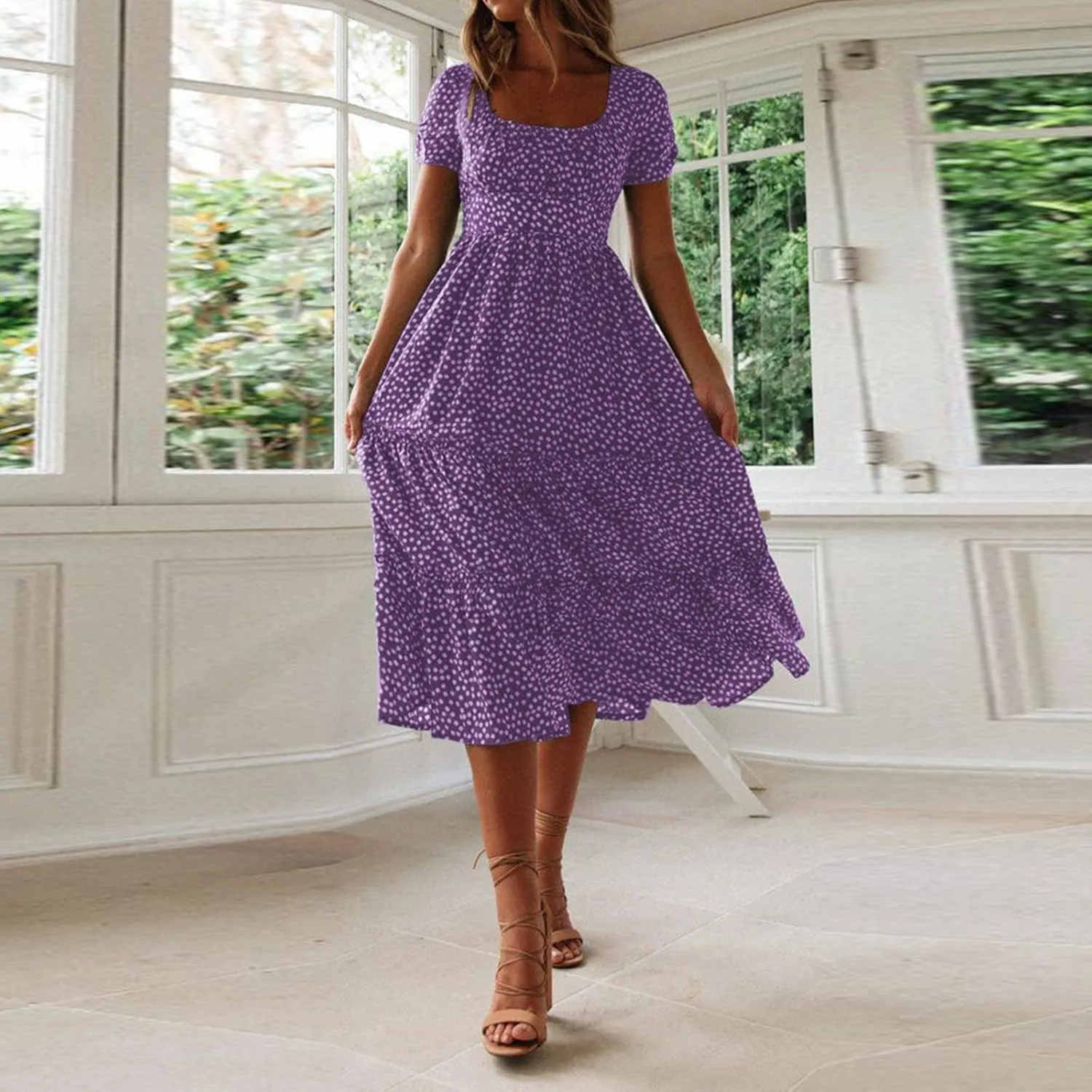 Womens Summer Dress Flare Sleeve Floral Print Casual Flowy Midi Waist-Closing Classic Formal Skirts Dance Maxi Skirt