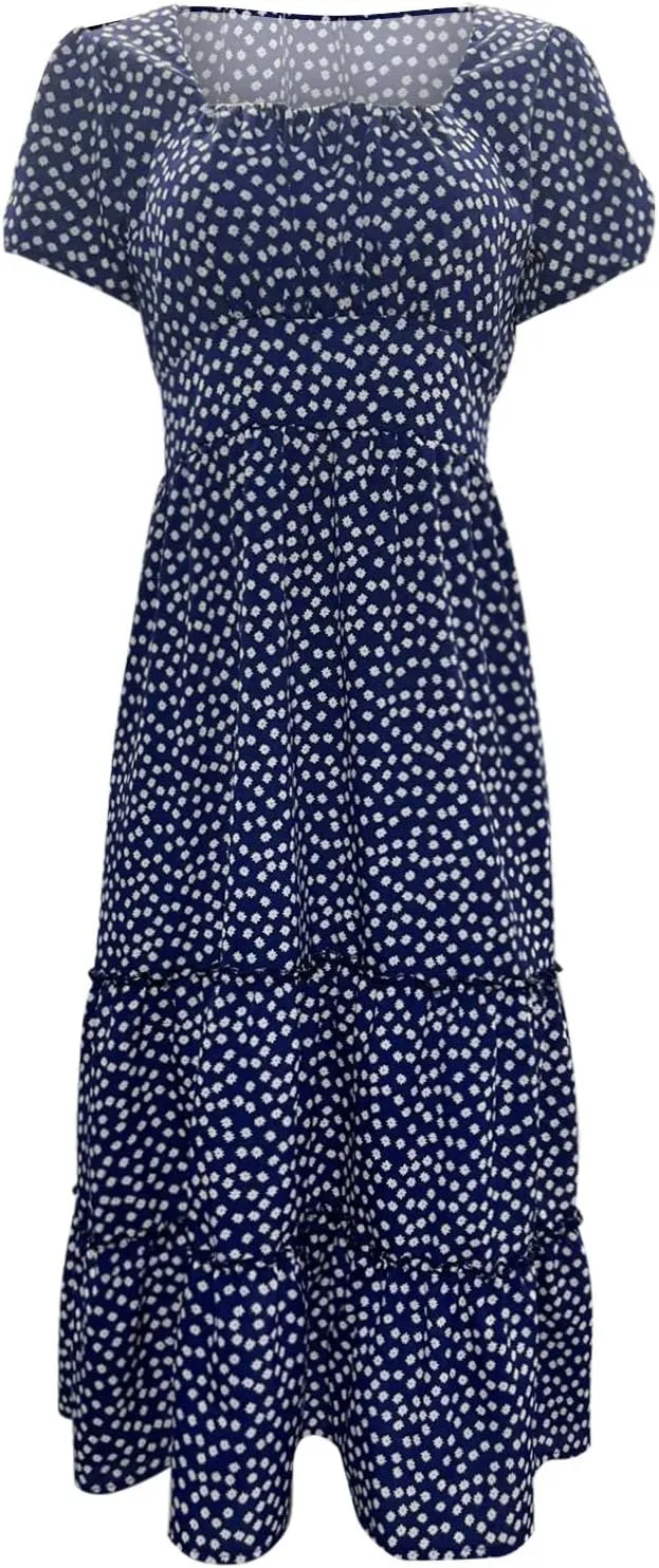 Womens Summer Dress Flare Sleeve Floral Print Casual Flowy Midi Waist-Closing Classic Formal Skirts Dance Maxi Skirt
