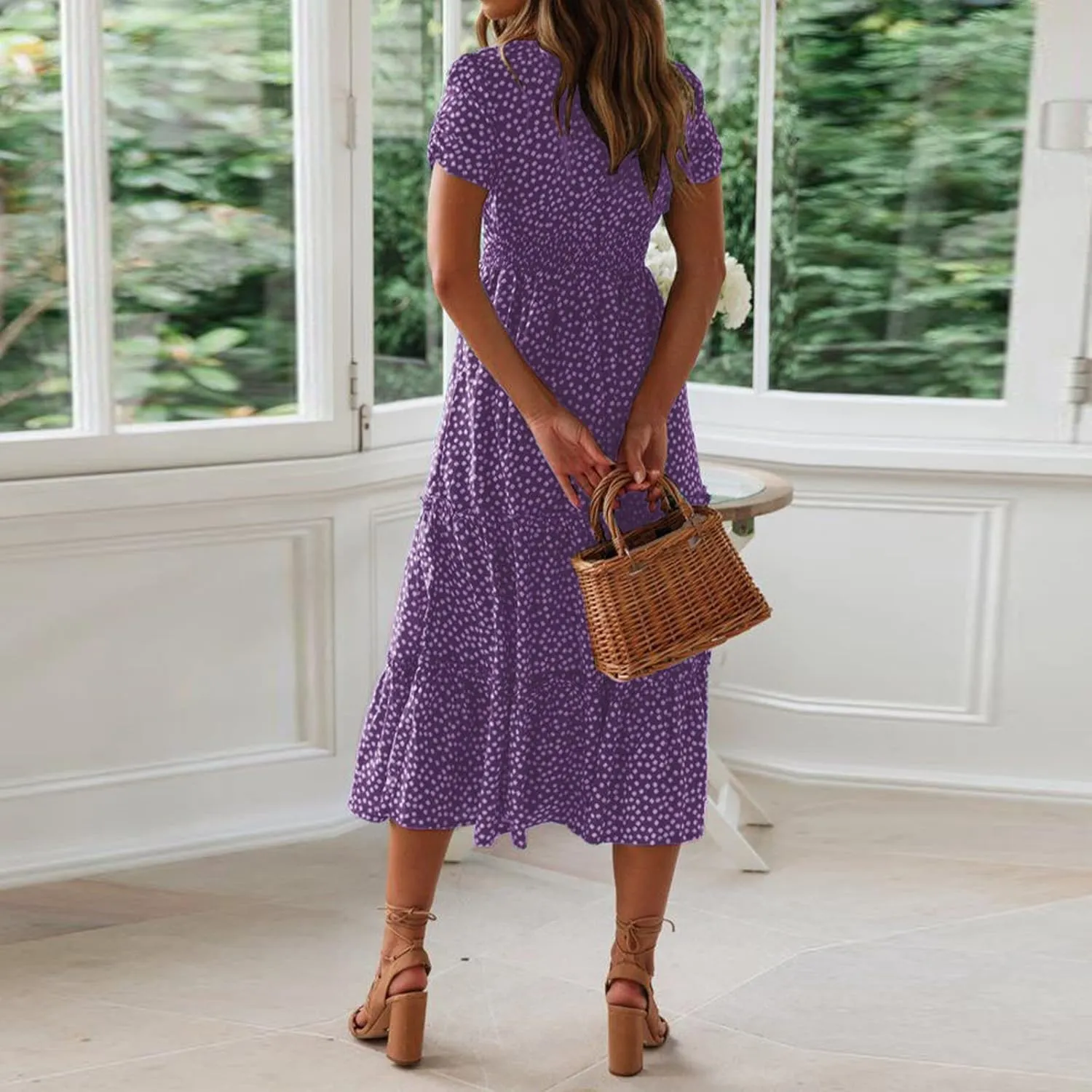 Womens Summer Dress Flare Sleeve Floral Print Casual Flowy Midi Waist-Closing Classic Formal Skirts Dance Maxi Skirt