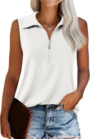 Womens Summer Tops Trendy Ribbed Tank Top Sleeveless Zipper V Neck Dressy Casual Blouses Loose Fit Shirts Camisole