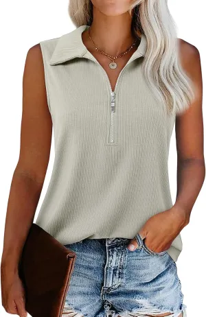 Womens Summer Tops Trendy Ribbed Tank Top Sleeveless Zipper V Neck Dressy Casual Blouses Loose Fit Shirts Camisole