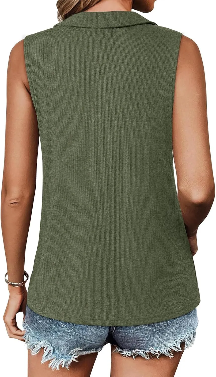 Womens Summer Tops Trendy Ribbed Tank Top Sleeveless Zipper V Neck Dressy Casual Blouses Loose Fit Shirts Camisole