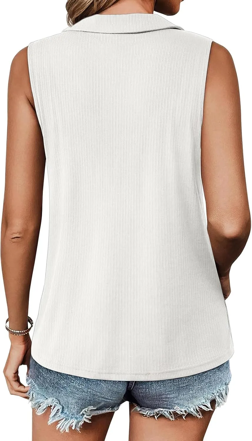 Womens Summer Tops Trendy Ribbed Tank Top Sleeveless Zipper V Neck Dressy Casual Blouses Loose Fit Shirts Camisole