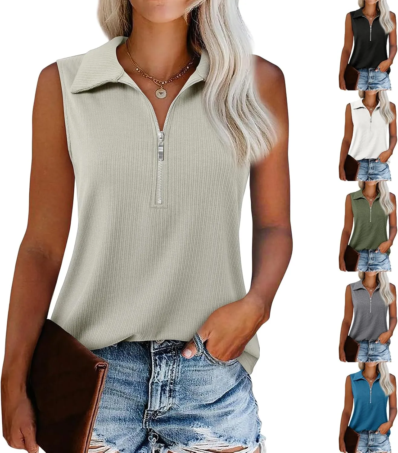 Womens Summer Tops Trendy Ribbed Tank Top Sleeveless Zipper V Neck Dressy Casual Blouses Loose Fit Shirts Camisole