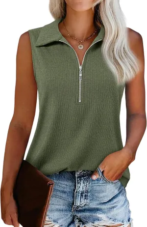 Womens Summer Tops Trendy Ribbed Tank Top Sleeveless Zipper V Neck Dressy Casual Blouses Loose Fit Shirts Camisole