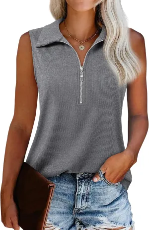 Womens Summer Tops Trendy Ribbed Tank Top Sleeveless Zipper V Neck Dressy Casual Blouses Loose Fit Shirts Camisole