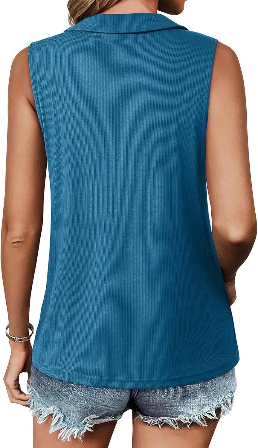 Womens Summer Tops Trendy Ribbed Tank Top Sleeveless Zipper V Neck Dressy Casual Blouses Loose Fit Shirts Camisole