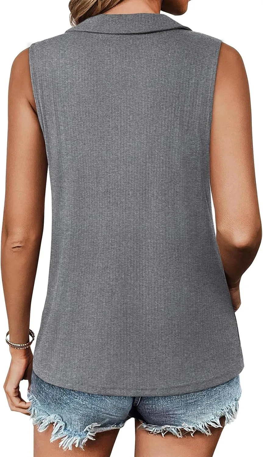Womens Summer Tops Trendy Ribbed Tank Top Sleeveless Zipper V Neck Dressy Casual Blouses Loose Fit Shirts Camisole