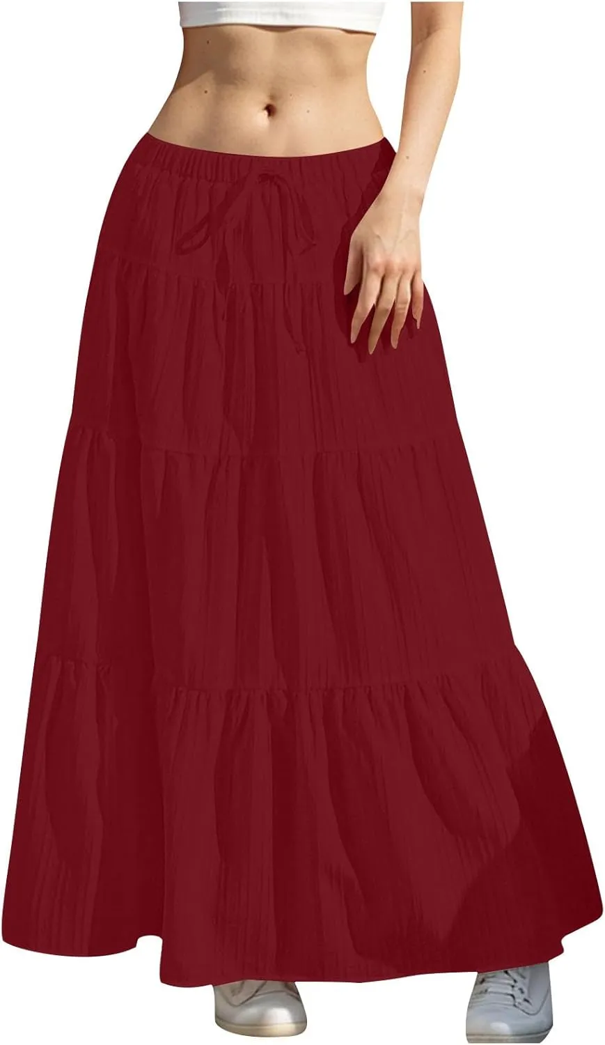 Women's Tiered Maxi Skirts Elastic Waist Casual Summer Skirt Long A Line Flowy Skirts for Beach Vacation Boho Skirts