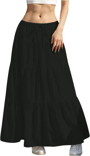 Women's Tiered Maxi Skirts Elastic Waist Casual Summer Skirt Long A Line Flowy Skirts for Beach Vacation Boho Skirts
