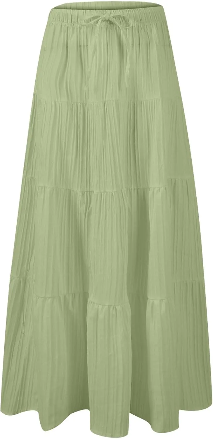 Women's Tiered Maxi Skirts Elastic Waist Casual Summer Skirt Long A Line Flowy Skirts for Beach Vacation Boho Skirts