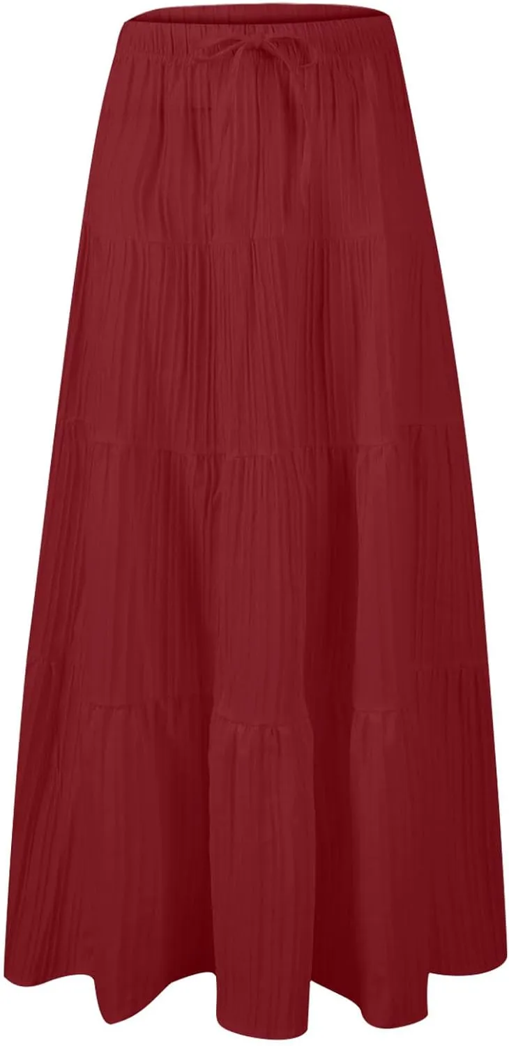 Women's Tiered Maxi Skirts Elastic Waist Casual Summer Skirt Long A Line Flowy Skirts for Beach Vacation Boho Skirts