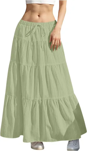Women's Tiered Maxi Skirts Elastic Waist Casual Summer Skirt Long A Line Flowy Skirts for Beach Vacation Boho Skirts