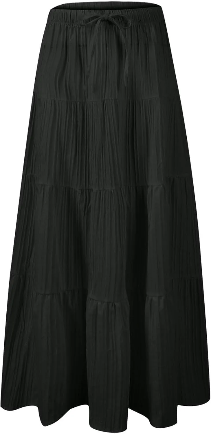 Women's Tiered Maxi Skirts Elastic Waist Casual Summer Skirt Long A Line Flowy Skirts for Beach Vacation Boho Skirts