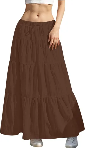 Women's Tiered Maxi Skirts Elastic Waist Casual Summer Skirt Long A Line Flowy Skirts for Beach Vacation Boho Skirts