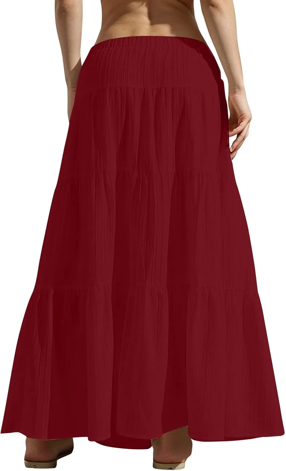 Women's Tiered Maxi Skirts Elastic Waist Casual Summer Skirt Long A Line Flowy Skirts for Beach Vacation Boho Skirts