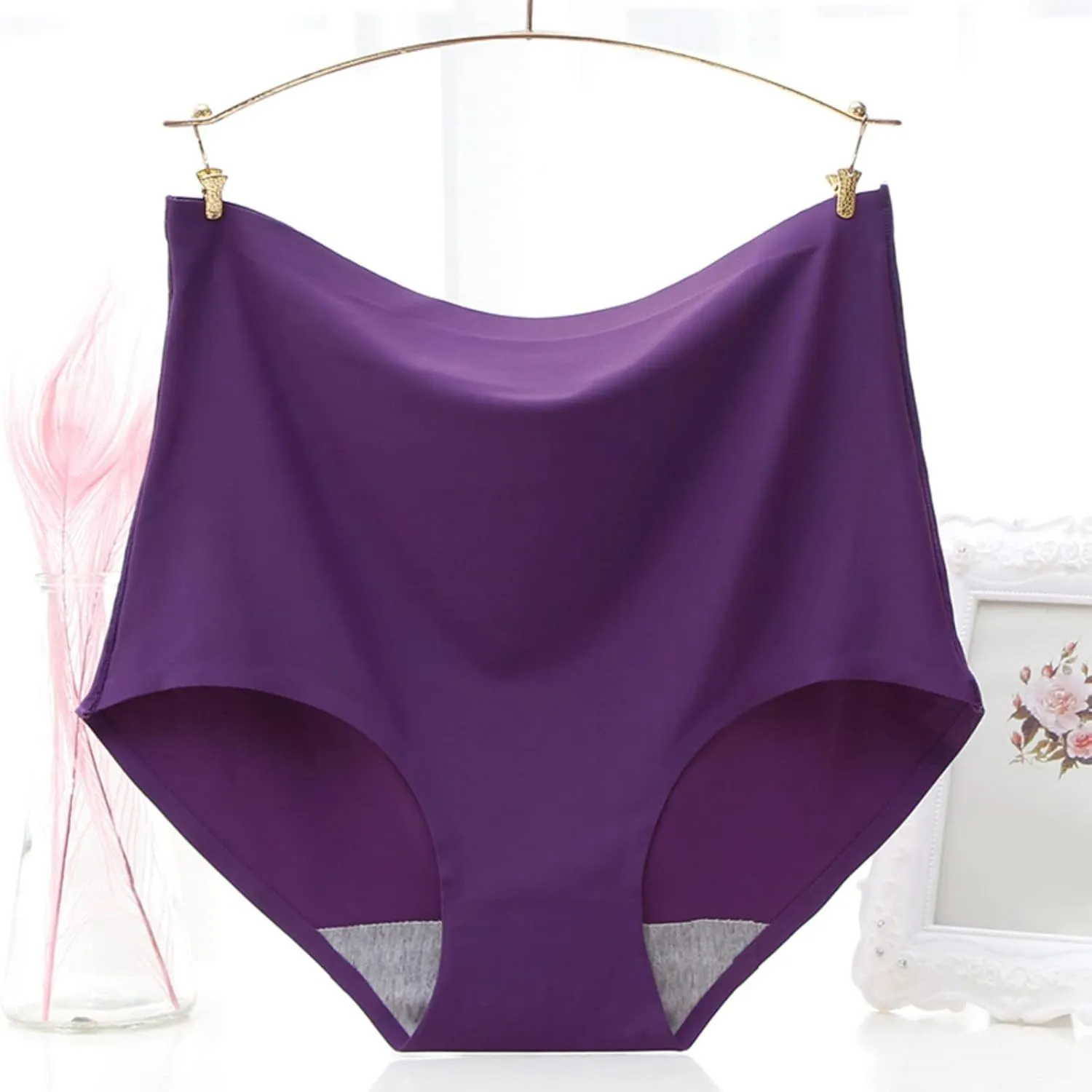 Womens Underpants Sexy Solid Color Breathable Microfiber Briefs High Waist Ice Silk Seamless Loose Underpants