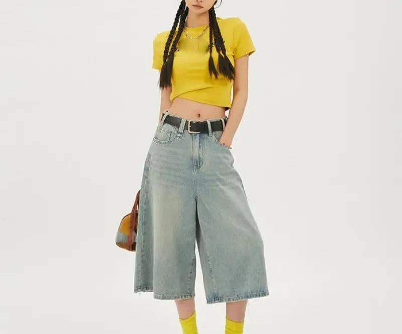 Women's Vintage High Waist Denim Shorts Casual Loose Fit Baggy Shorts
