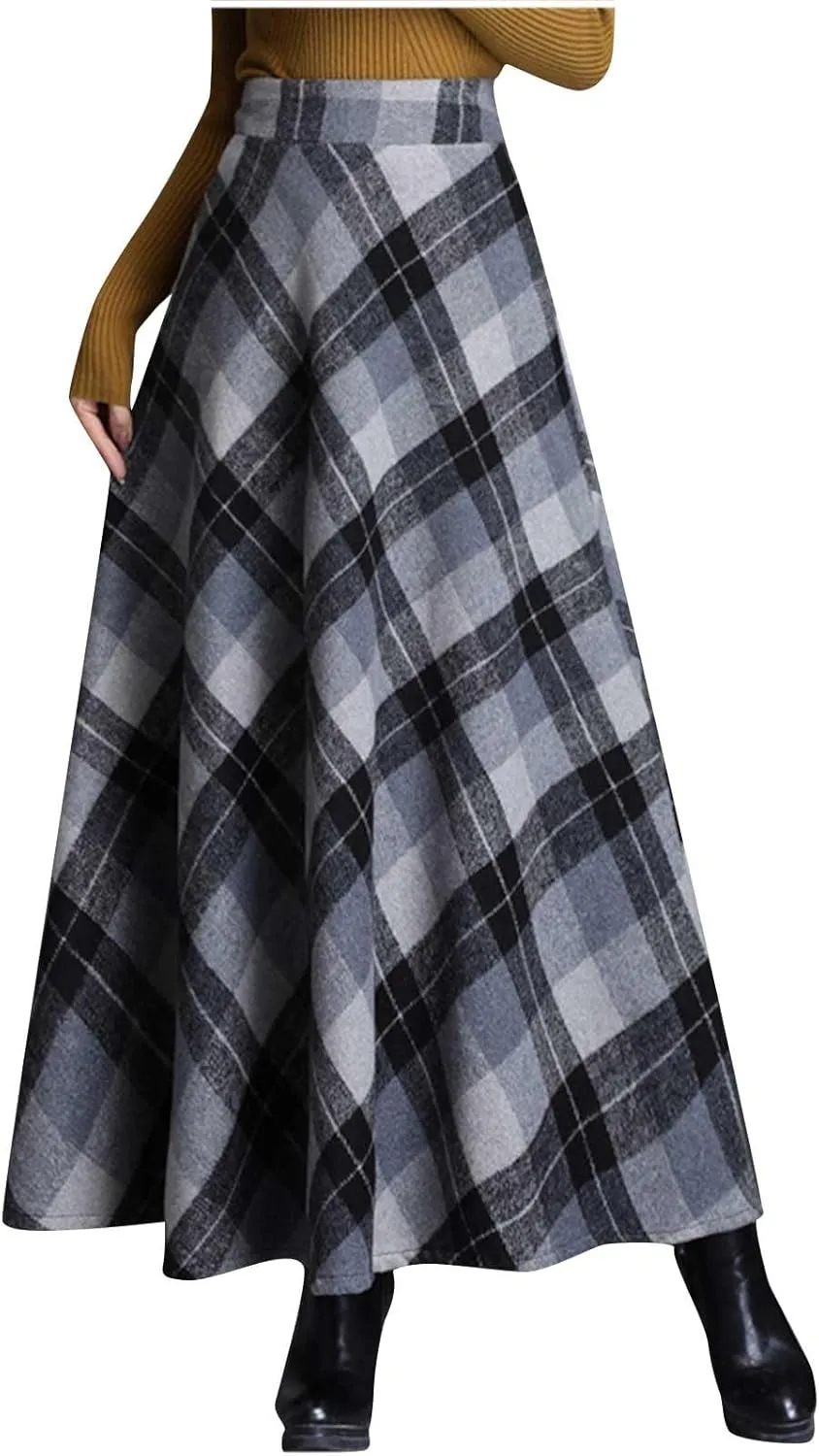 Women's Vintage Skirt High Waist Wool Blend Plaid Skirts A-Line Long Maxi Skirt Elastic Waist Stretchy Swing Skirts