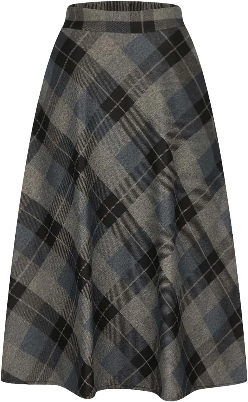 Women's Vintage Skirt High Waist Wool Blend Plaid Skirts A-Line Long Maxi Skirt Elastic Waist Stretchy Swing Skirts