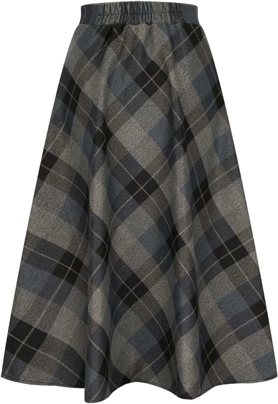 Women's Vintage Skirt High Waist Wool Blend Plaid Skirts A-Line Long Maxi Skirt Elastic Waist Stretchy Swing Skirts