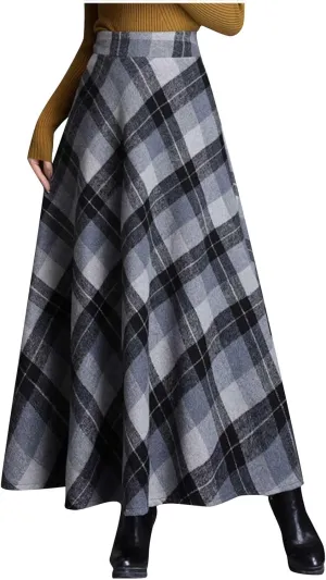 Women's Vintage Skirt High Waist Wool Blend Plaid Skirts A-Line Long Maxi Skirt Elastic Waist Stretchy Swing Skirts