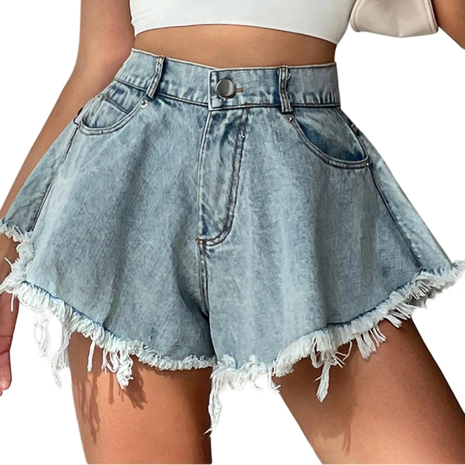 Women's Wide Leg Ripped Denim Shorts, High Waisted Fringe Jeans 2023 Summer Casual Loose Distressed Tassel Jean Shorts