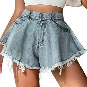 Women's Wide Leg Ripped Denim Shorts, High Waisted Fringe Jeans 2023 Summer Casual Loose Distressed Tassel Jean Shorts