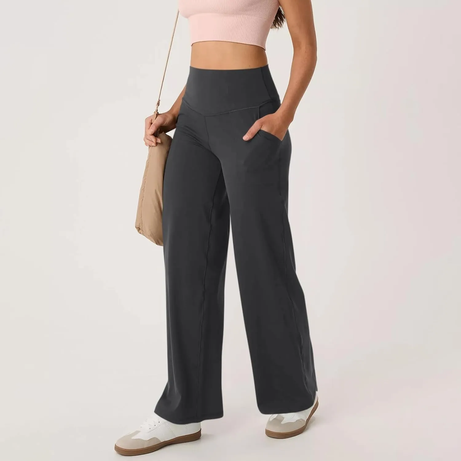 Women's Wide Leg Yoga Pants with Pockets High Waisted Tummy Control Stretch Athletic Workout Casual Flare Leggings