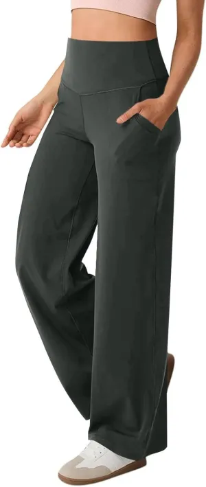 Women's Wide Leg Yoga Pants with Pockets High Waisted Tummy Control Stretch Athletic Workout Casual Flare Leggings