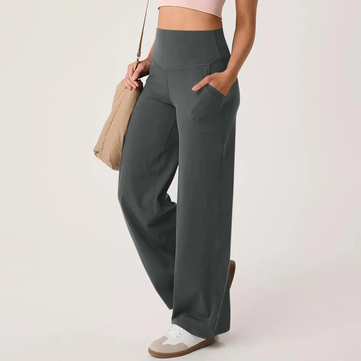 Women's Wide Leg Yoga Pants with Pockets High Waisted Tummy Control Stretch Athletic Workout Casual Flare Leggings