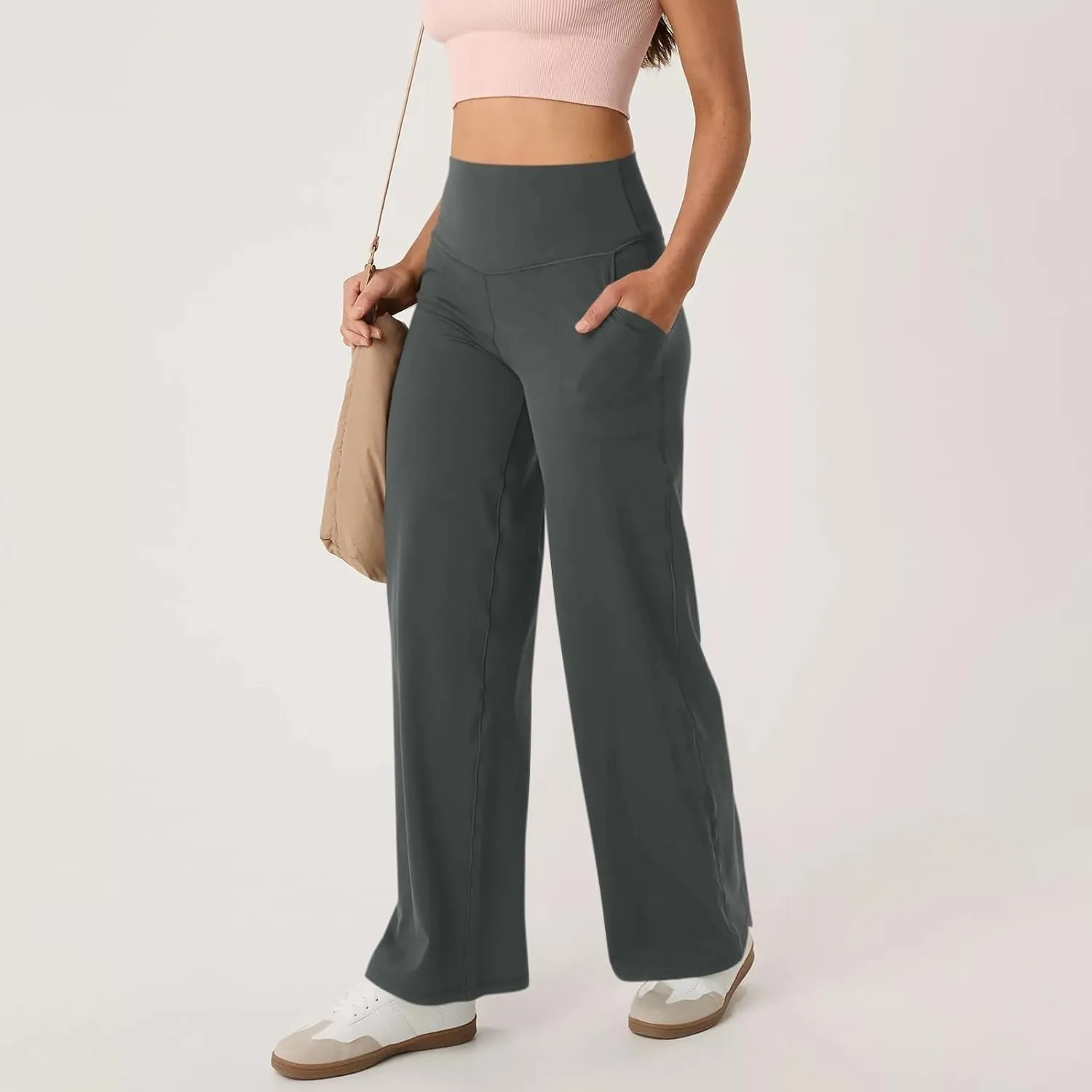 Women's Wide Leg Yoga Pants with Pockets High Waisted Tummy Control Stretch Athletic Workout Casual Flare Leggings