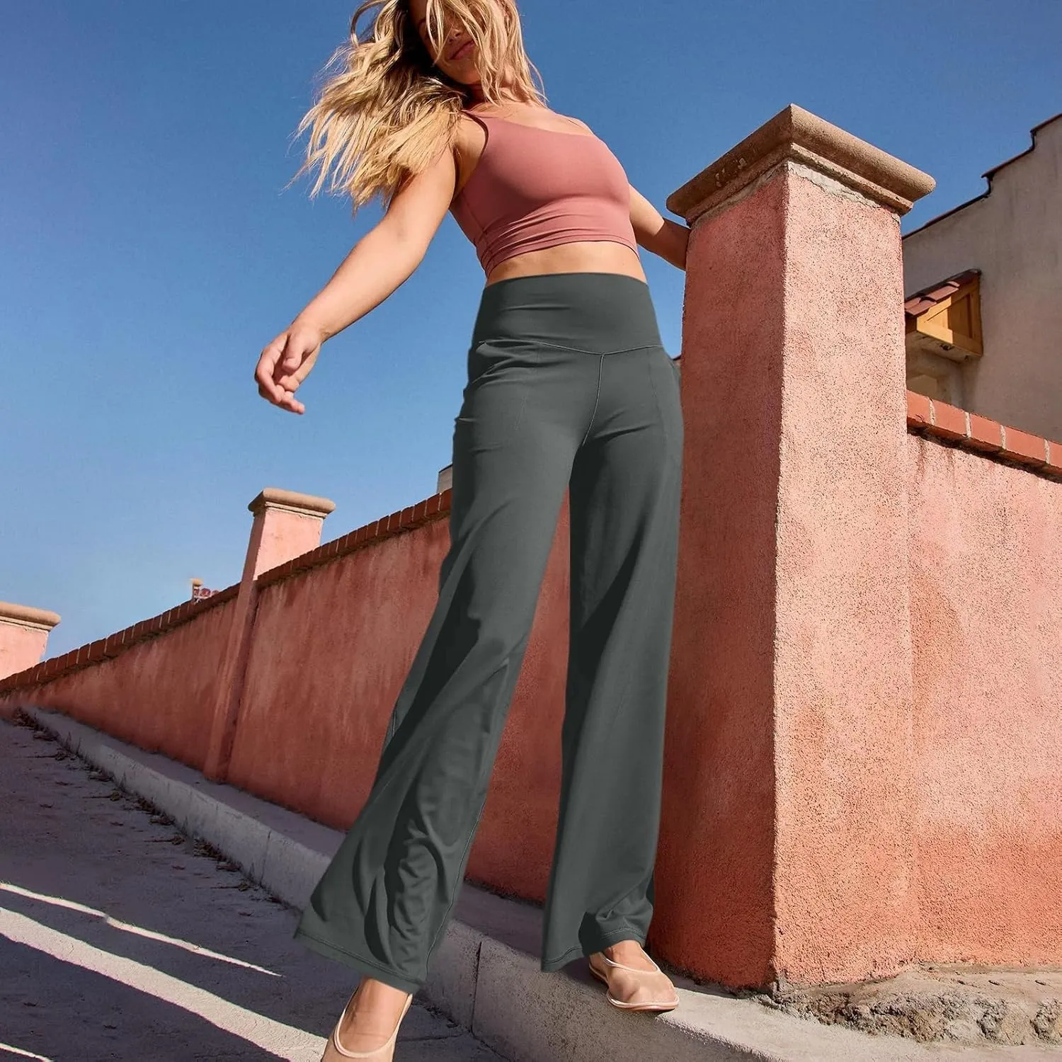 Women's Wide Leg Yoga Pants with Pockets High Waisted Tummy Control Stretch Athletic Workout Casual Flare Leggings