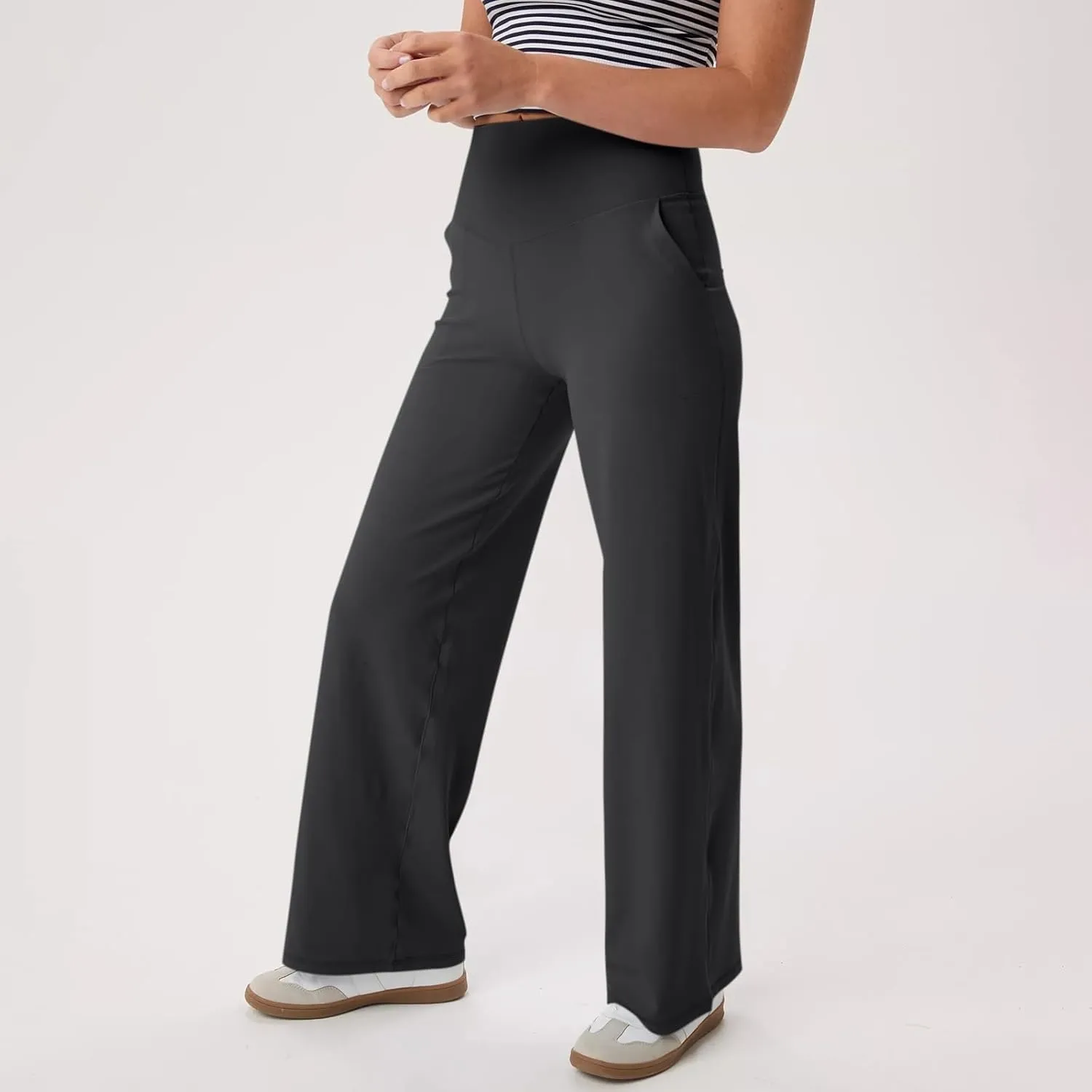 Women's Wide Leg Yoga Pants with Pockets High Waisted Tummy Control Stretch Athletic Workout Casual Flare Leggings