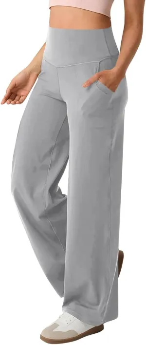 Women's Wide Leg Yoga Pants with Pockets High Waisted Tummy Control Stretch Athletic Workout Casual Flare Leggings