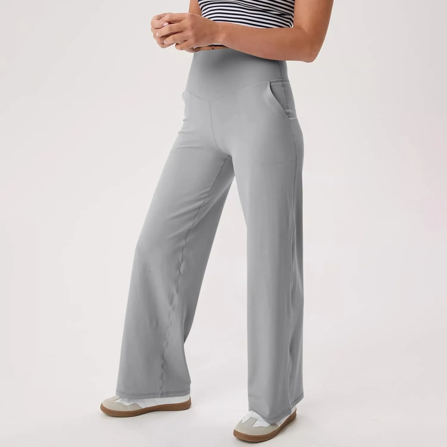 Women's Wide Leg Yoga Pants with Pockets High Waisted Tummy Control Stretch Athletic Workout Casual Flare Leggings