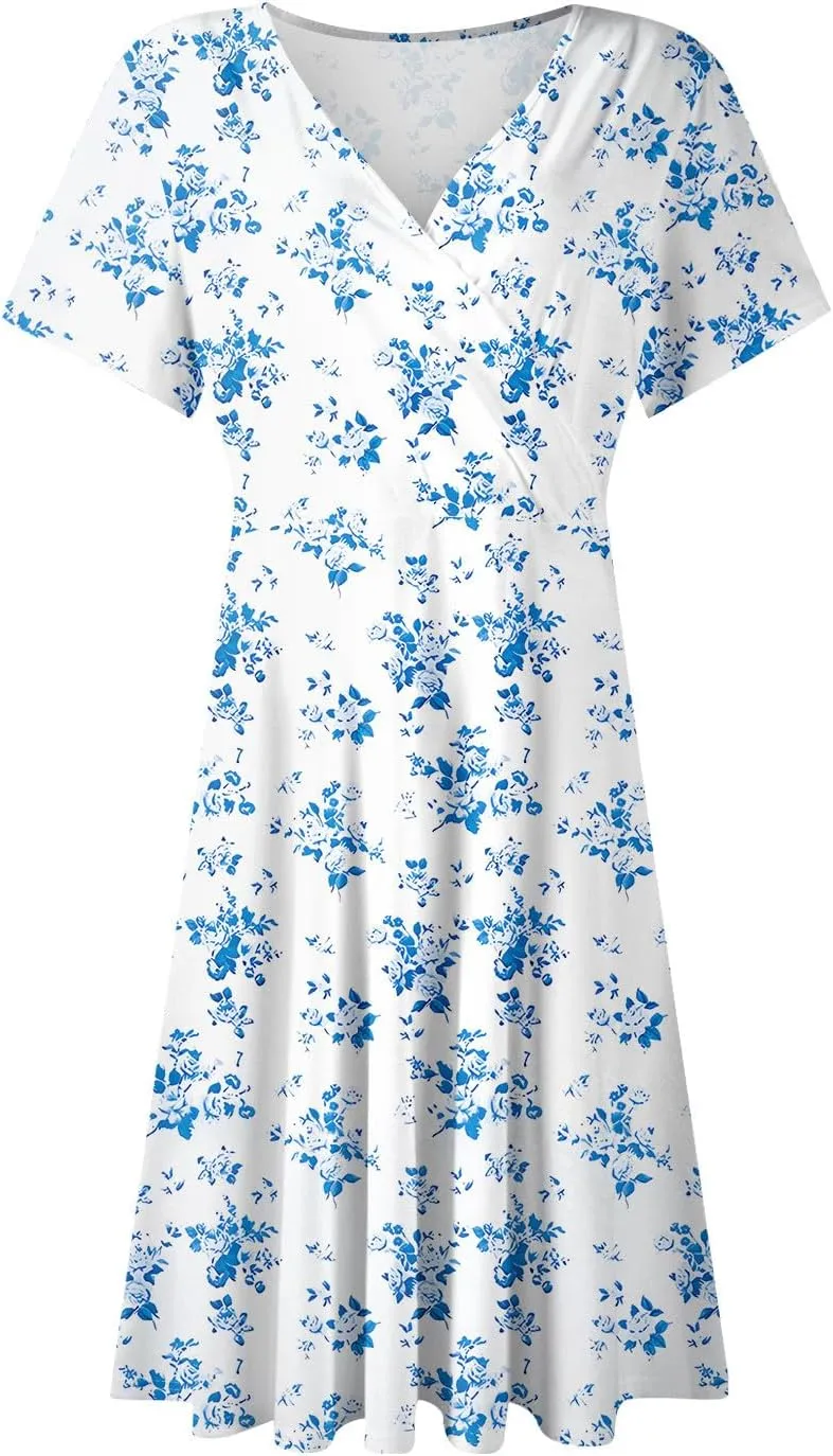 Wrap Dress for Women 2025 Summer Sundress Fashion Short Sleeve Wrap Floral Classy Deep V Neck A-Line Midi Dress