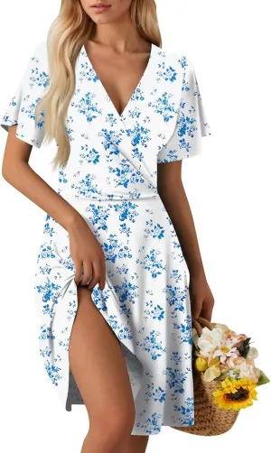 Wrap Dress for Women 2025 Summer Sundress Fashion Short Sleeve Wrap Floral Classy Deep V Neck A-Line Midi Dress