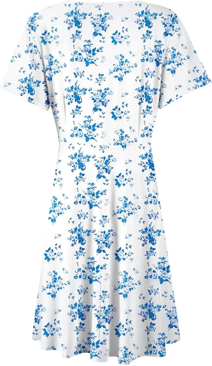 Wrap Dress for Women 2025 Summer Sundress Fashion Short Sleeve Wrap Floral Classy Deep V Neck A-Line Midi Dress